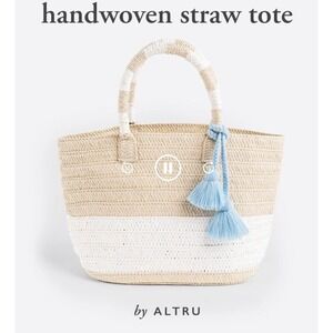 ALTRU Goods For Life Straw Tote Bag Tan/White Blue Tassels‎ Beach/Shopping